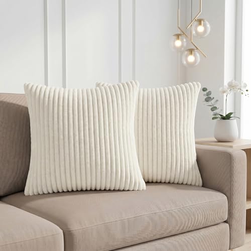 Image of Yellow Weaves Pencil-Stripe Fur Cushion Covers | Soft Polyester | Decorative Sofa & Throw Pillow Covers | 16x16 Inches, Pack of 2 (Ivory)