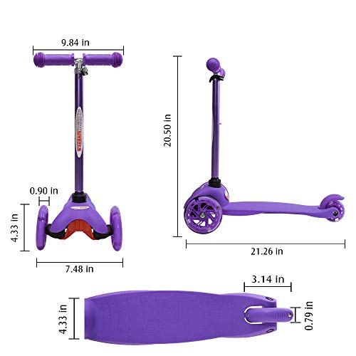 ChromeWheels Scooter for Kids, Deluxe 3 Wheel Scooter for Toddlers 4 Adjustable Height Glider with Kick Scooters, Lean to Steer with LED Flashing Light for Ages 3-6 Girls Boys, Purple