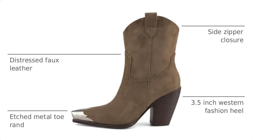 Image of keleimusi Women's Western Cowgirl Ankle Boots Stacked Block Heel Cowboy Booties Steel Toe Heeled Short Cowboy Boots Side Zipper Western Booties for Women