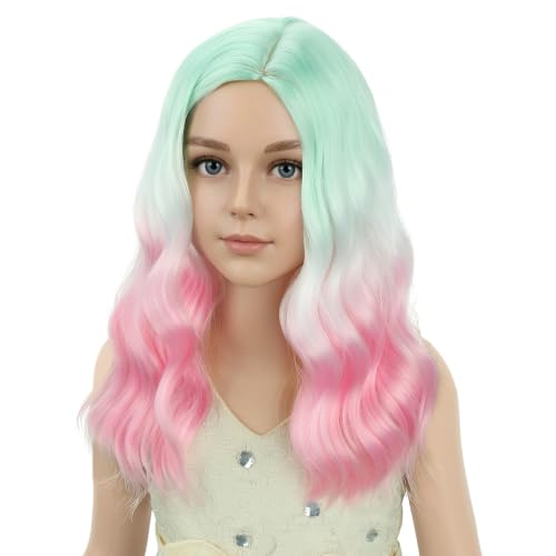 Image of PATTNIUM Rainbow Short Curly Wavy Wigs for Kids Girls Green White Pink Ombre Heat Resistant Synthetic Wig Halloween Cosplay Costume Party Wigs