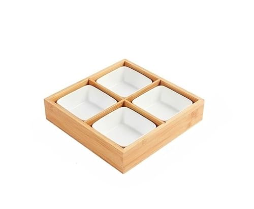 お皿 小皿セット和風 小皿 竹トレイ 陶器 前菜皿 盛り鉢 深型 仕切り付き 天然木 醤油皿 前菜皿 盛り鉢 和食器 セラミック アイスクリーム ソース皿 火鍋 焼肉屋 寿司屋 食洗機 (4マス竹の箱+4つの白い皿,イエロー)
