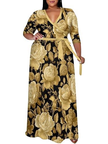 Image of SUZONANA Women's Plus Size Maxi Dresses Casual Loose Short Sleeve Long Maxi Dress with Belt Wedding