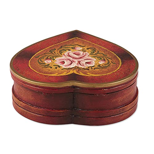 Novica Heart Shaped Red And Gold Wood Jewelry Box With Painted Roses, Timeless Love' #TOP3
