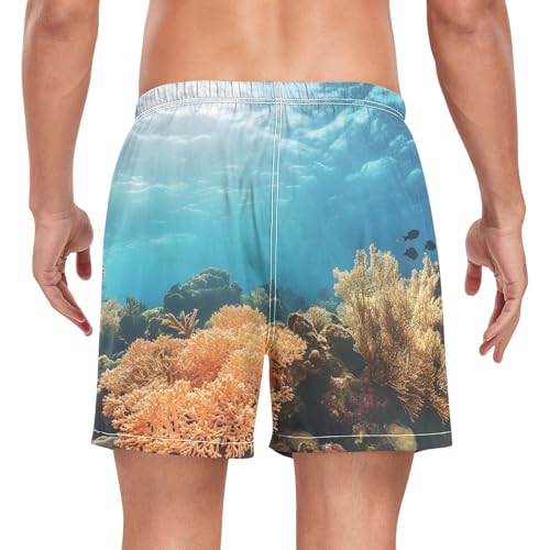 Mens Swim Trunks with Liner, Underwater Reef Coral Cool Quick Dry Beach Swim Shorts, Swimwear Bathing Suits S2