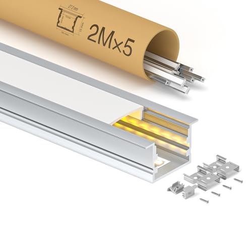 GEEKLUX 10 x Profili per Strisce LED da 2 m in Alluminio (Totale 20 m (WJ010_(27.2 x 15mm)_U_LED≤15mm, 5 x 2m_(10m))