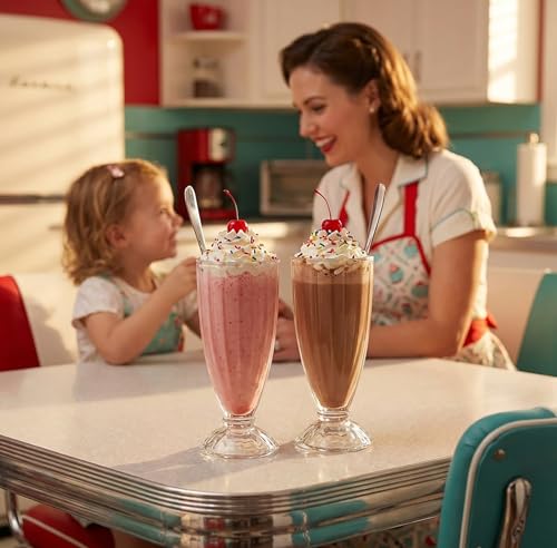 Cedilis 6 Pack Milkshake Glass with 6 Long Metal Spoons, Old Fashioned Soda Glasses, Fountain Classic Glass for Ice Cream, Clear, 12oz