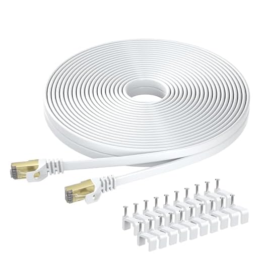 Câble Ethernet Cat7 20m, BUSOHE Câble Réseau LAN Gigabit RJ45 Plat Haute Vitesse, Cordon de Brassage Internet 10Gbps 600MHz pour Commutateur, Routeur, Modem, Panneau de Brassage, PC (Blanc)