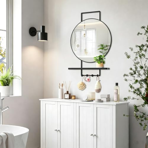 Image of BEAUTME Wall Mirror with Shelf and Hooks, 30x20 Inch Metal Framed Round Bathroom Mirrors with Shelf, Modern Farmhouse Wall Decor for Living Room Bedroom Entryway, Vertical (Black)