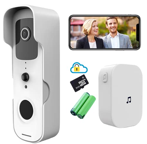 1080P HD Smart Video Doorbell Camera Wireless Battery Powered WiFi Home Security Door Camera Motion-Activated Push Alert Live-View Night-Vision Waterproof Two-Way Talk with Chime Bell and 32GB SD Card