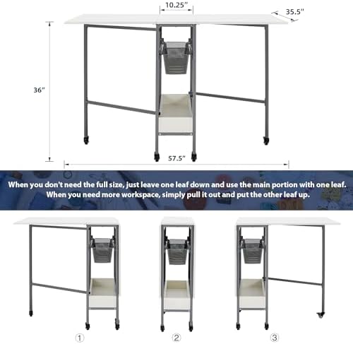 Generic Home Hobby Craft Table, Mobile Folding Cutting Table with 2 Mesh Storage Drawers, Foldable Table for Home Office Sewing Room Craft Room, Fixed Height 36 in, White