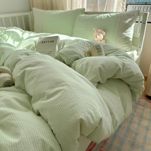 Image of VM VOUGEMARKET Green Gingham Grid Duvet Cover Queen 3 Pieces White Lace Duvet Cover with 2 Pillowcases Green Plaid Comforter Cover Romantic Cozy Bedding Set for Girls
