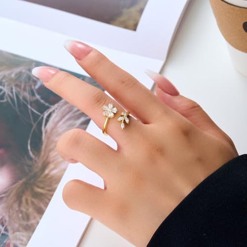 Kokoma Delicate Flower Leaf Wrap Finger Ring for Women Pink Cubic Zirconia Crystal Floral Statement Ring Promise Engagement Rings Adjustable Open Band3