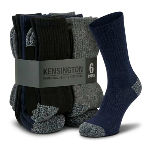 Kensington Cotton Genuinely Thick Heavy Duty Hard Wearing Safety Boot Work Socks Thermal Cushioned Sole Reinforced Heels and Toes for Steel Toe Cap Shoes (6 pairs (2 Black 2 Navy 2 Grey))(Size: 43262)