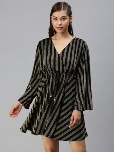 Image of SHOWOFFFF Women Stripe Print Empire Party Dress | V Neck Full Sleeves Lycra Dress for Womens | Above Knee Dress for Women's