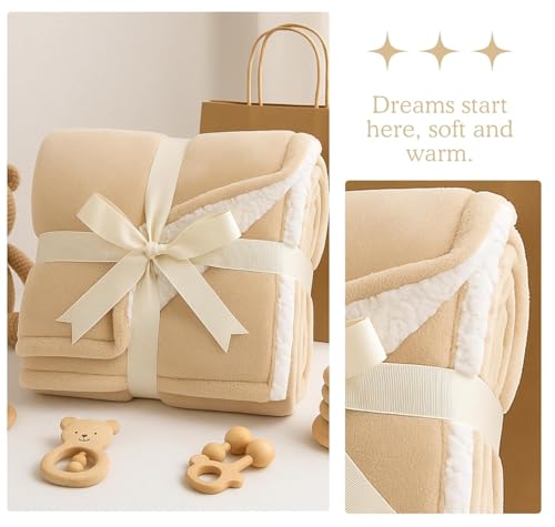 Image of VAS COLLECTIONS Baby Blanket Gift Set | 2-Layer Flannel & Sherpa Wrapping Sheet | Ultra Soft & Cozy | Newborn Boys & Girls | All-Season AC Blanket (130x105 cm, 800 g) (Gift Beige, Baby (800g))