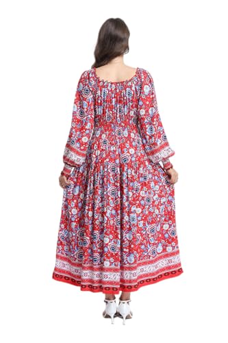Image of OSTOO Women's 2026 Casual Long Sleeve Square Neck Smocked High Waist Flowy Maxi Dress,Boho Tiered Beach Party Dress