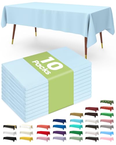 Image of Pureegg Plastic Table Cloth Disposable 10 Pack, 54 x 108 Inch Table Cloths, Easter Party, Picnic, Wedding, Decorative Tablecloths, Rectangle, Baby Blue Plastic Cover, Leakproof & Sturdy, Light Blue