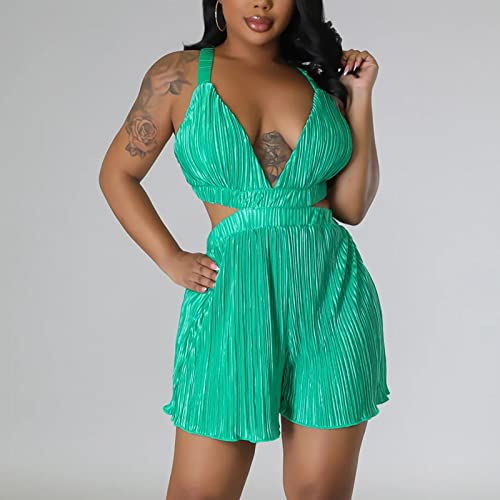 Oplxuo Women's Summer Shorts Rompers Shirred Sexy Deep V Neck Backless Elastic Straps Casual Sleeveless One Piece Jumpsuits Green #TOP1