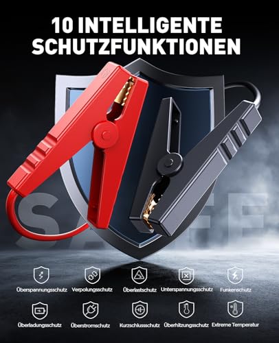 5000A Starthilfe Powerbank mit 150PSI Kompressor, 12V Auto Starthilfe Powerbank für 12 V(Bis zu All Benzin und 9.0L Dieselmotor)，Booster Auto Starthilfe mit Taschenlampe, Zwangsstart, Handschuhe