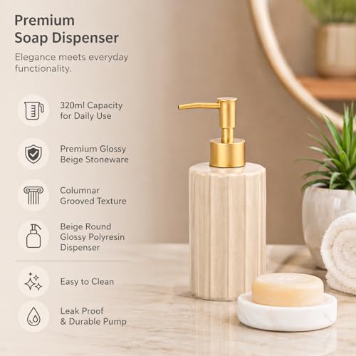 Image of MARKET 99 Beige Stoneware Soap Dispenser (320 ML) | Glossy Liquid Soap & Lotion Holder | Round Grooved Bathroom Countertop Accessory for Hand Wash, Vanity & Wash Basin