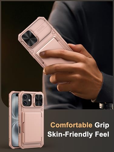 Image of Vihibii for iPhone 16 Plus Case Wallet with Card Holder (4 Cards) [RFID Blocking] & Slide Camera Cover, Military Grade Drop Protection, Rugged Back & Silicone Edge Phone Cover, 6.7 inch 2024, Rose Gold