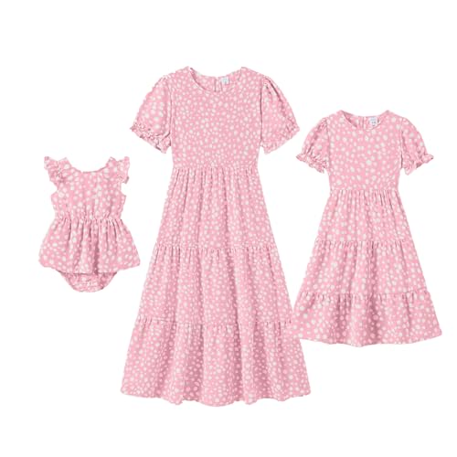 Image of IFFEI Mommy and Me Dresses Summer Casual Boho Matching Outfits Ruffle Puff Sleeve High Waist Midi Beach Maxi Dress