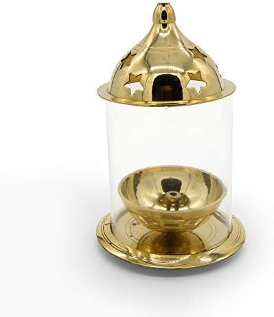 phareLamp Presents Akhand Diya, Elevated Wick Stand, Brass Oil Lamp with Glass Cover for Pooja, Home Décor and Diwali (Large) #A147