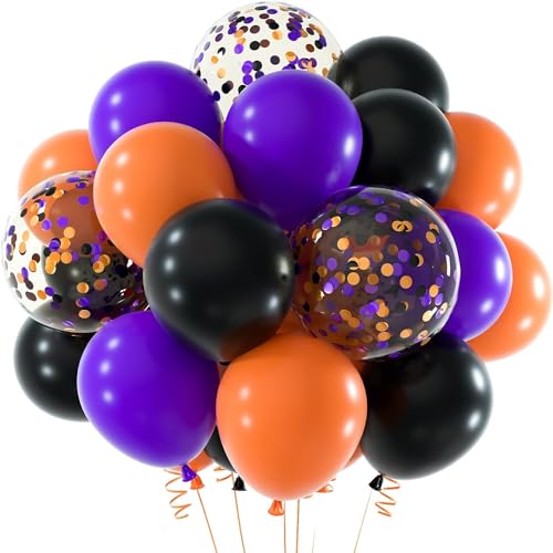 Image of Rozi Decoration Pack of 35 Black Orange Purple Balloons - 9 Inch Latex & Confetti Balloon Set, Metallic Balloons for Birthday, Halloween, Haunted Theme, Party Decorations