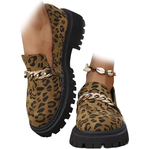 Mocasines de ante con tacón de bloque para mujer, con estampado de leopardo, puntera redonda, mocasines elegantes y anchos de tacón bajo, zapatos de oficina, Cadena marrón, 44 EU