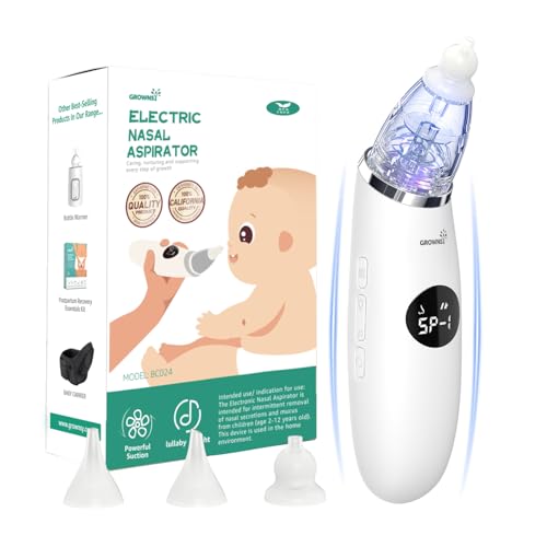 Image of GROWNSY Nasal Aspirator for Baby | Baby Nose Sucker | Electric Nose Suction for Toddler, Ergonomic Booger Sucker with 3 Silicone Tips, Music & Light Soothing Function(White)