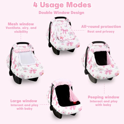Image of Hooyax Baby Car Seat Cover with Dual Zipper, Extra Large Mesh Window Carseat Canopy, All-Season Weather Protection for Infant Car Seats & Strollers (Pink Bow)