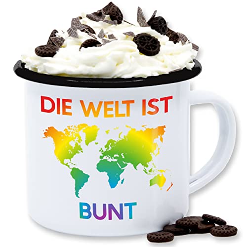 Emaille Tasse Blechtasse - Pride LGBTQ Flagge - Die Welt ist bunt – Regenbogen Farben - 300 ml - Weiß Schwarz - lgbt bunte tassen csd kaffeetasse lesbian lqbtq gay lgbtqia queer kleidung month