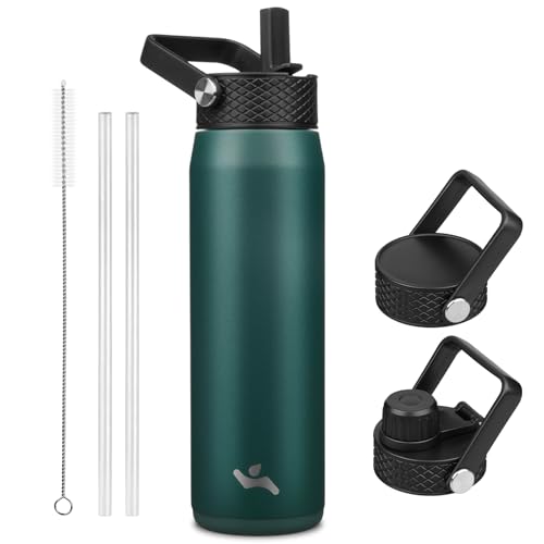 Image of Konokyo 25oz Insulated Stainless Steel Water Bottle with 3 Lids, Leakproof BPA-Free Bottle with Straw Lid, Sip Lid and Flex Cap for Gym, Travel, School, Office, Green