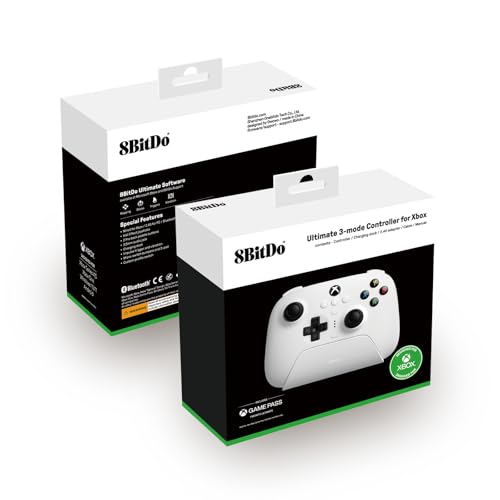 Image of AKNES 8bitdo Ultimate 3-mode Controller, Wired to X box, 2.4G to Windows and Bluetooth to Android, Hall Effect Joysticks and Triggers, Charging Dock, 3m Cable,X box Officially Licensed - White