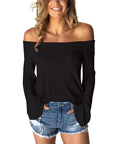 Preisvergleich Produktbild ACHIOOW Sexy Bluse Damen Schulterfrei Langarm Longshirt Off Shoulder Oberteile Langarmshirt Lose Tunika Tops Schwarz-999418 XL