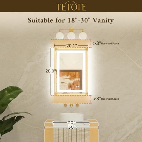TETOTE 20 x 28 Bathroom LED Mirror Brushed Bright Nickel Metal Frame Frontlit & Backlit Vanity Mirror Anti-Fog Stepless Dimmable 3 Colors White/Warm/Natural Mirror with Lights Wall-Mounted