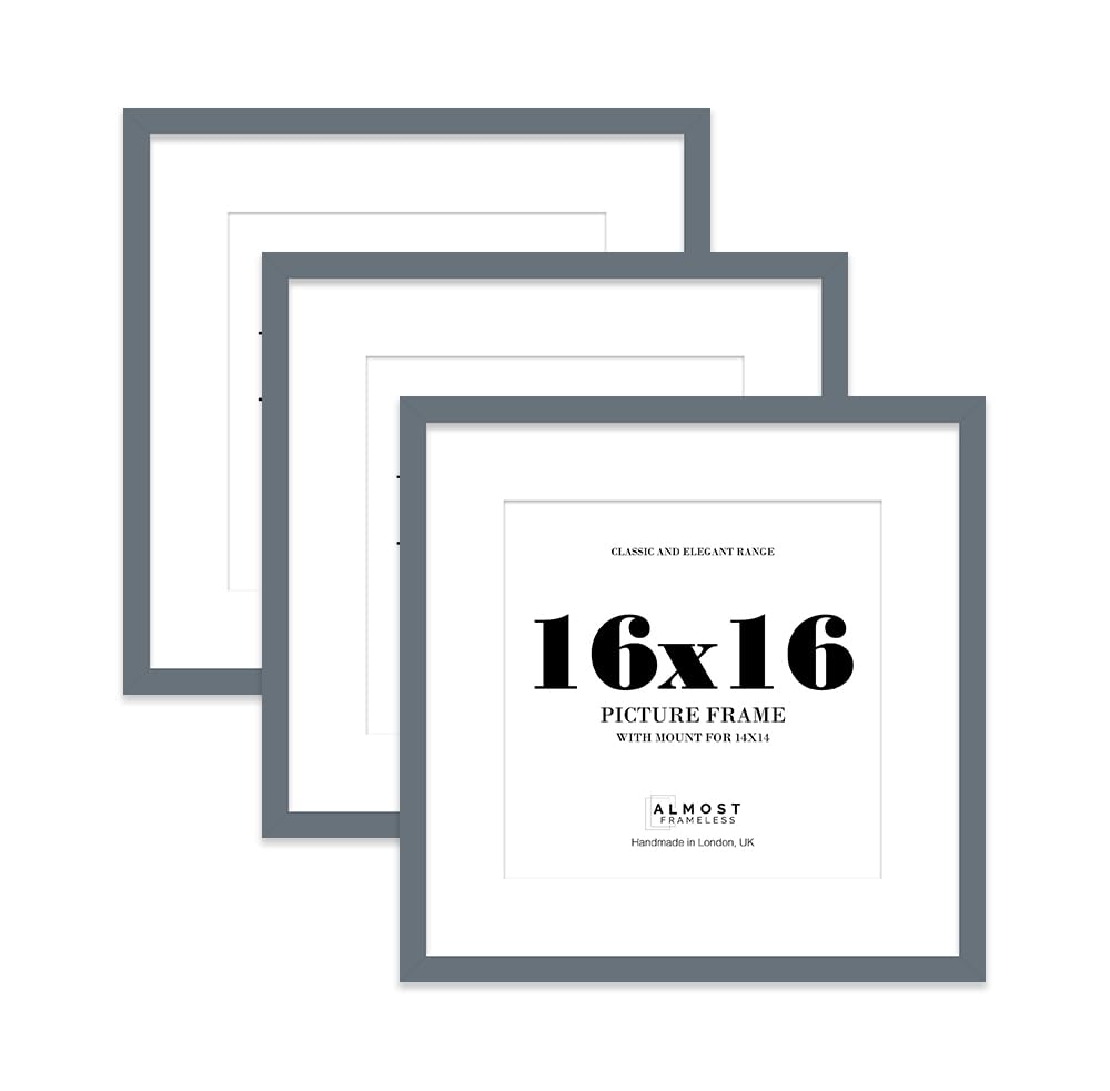 16x16 Grey Picture Frame with Mount for 14x14 Photos, Prints - Modern Square Wall Frame, Set of 3