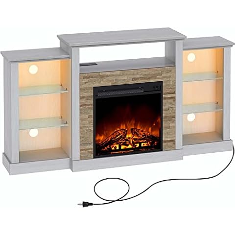 Rolanstar Fireplace TV Stand with Led Lights and Power Outlets, TV Console for TVs up to 65", Entertainment Center with Adjustable Glass Shelves, White Cover