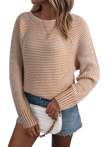 Image of EVALESS Striped Sweaters for Women Boat Neck Batwing Sleeve Oversized Pullover Sweater Tops Womens Fall Clothes Outfits