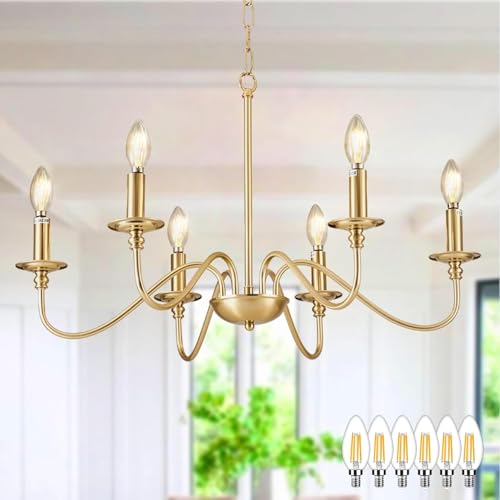 Depuley Gold Chandelier Light Fixture: 6-Light Modern Farmhouse Dining Room Chandelier with 6 E14 Bulbs - Industrial Pendant Lights Kitchen Island - Vintage Iron Candle Chandeliers for Foyer