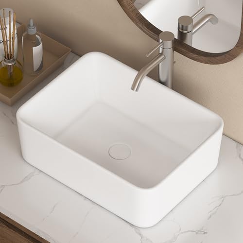 Eridanus Vasque rectangulaire en céramique à poser sur le plan de travail - Lavabo carré moderne en porcelaine vitreuse pour meuble-lavabo, blanc brillant -...