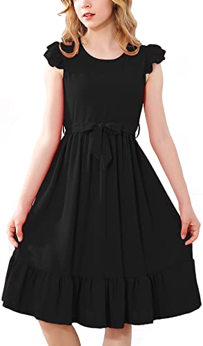 RETSUGO Girls Dresses Ruffle Sleeve Dress Flutter Hem A-Line Swing Pleated Tiered Casual Solid Color Party Dress 6-14 Years