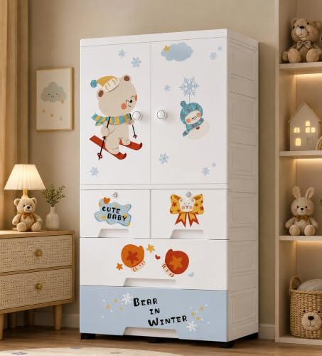 Image of Kids Plastic Wardrobe for Clothes Storage | Baby Cupboard & Almirah with Hanging Rod & Shelves | Portable Collapsible Storage Cabinet for Bedroom | Cartoon Kids Wardrobe