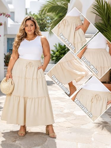 Image of Moon Wood Plus Size Maxi Skirts for Women Trendy Long Flowy Boho Tiered Skirt Renaissance Summer Beach Skirt with Pockets