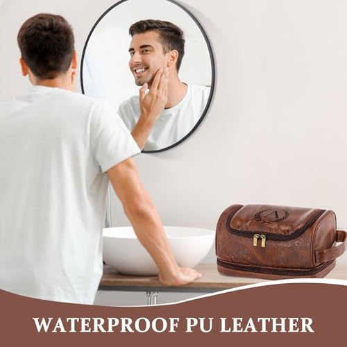 Personalized Christmas Birthday Gifts Toiletry Bag for Men Dad Husband, Custom Initial PU Leather Waterproof Toiletry Organizer Dopp Kit Shaving Bag Travel Essential for Men, Reddish Brown J4