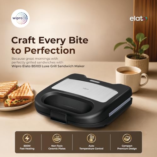 Image of Wipro Elato BS103 Luxe 800W Grill Sandwich Maker|Ceramic Coated Plates|BPA Free|PTFE, PFAS & PFOA Free|Auto Temperature Control|Cool Touch Handle|Fits 2 Regular Bread Slices|2 Year Warranty