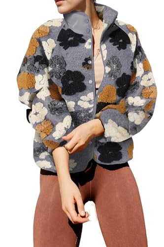 Aoang Floral Fleece Jacket Button Down Shacket Casual Sherpa Coats Warm Outwear