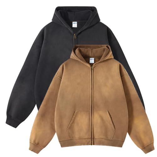 Mens Oversized Zip Up Hoodies Vintage Unisex Acid Wash Streetwear Hoodie Trendy Y2K Sweatshirt