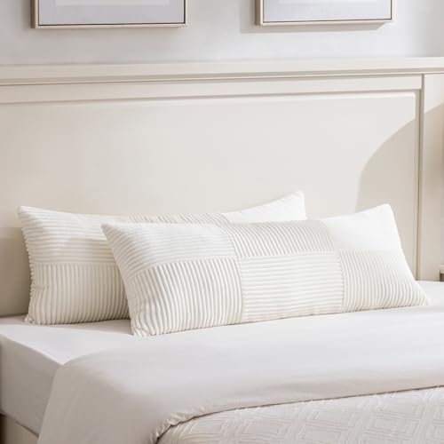 Image of Fancy Homi Set of 2 Cream White Boho Long Lumbar Body Decorative Throw Pillow Cover 14x36 Inch for Bed Couch Bedroom Bench, Soft Patchwork Corduroy Textured Pillow Case, Rustic Farmhouse Room Decor