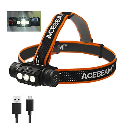 ACEBEAM H50 Linterna frontal LED recargable, 2000 lúmenes, reflector + linterna frontal, ángulo amplio de 170°, inclinación de 180°, para adultos, IPX8, impermeable, para acampar, pescar
